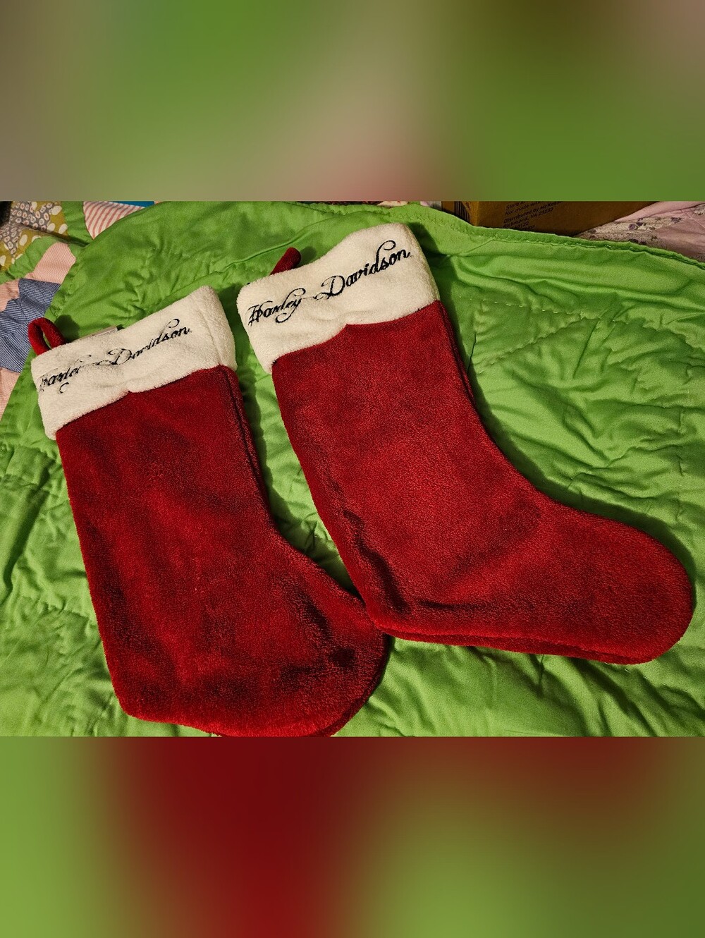 Harley-Davidson Red and White Holiday Stockings - Embroidered Cuff Pair